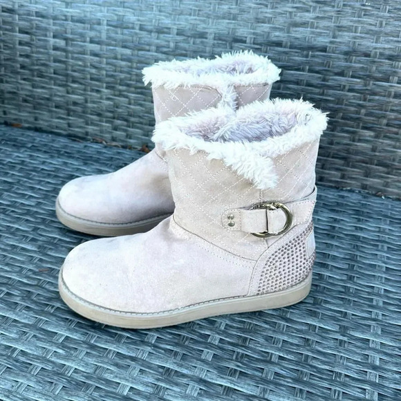 Guess Women's Quilted Suede Brown Faux Fur Lined Rhinestone Comfort Boots Size 7 - Picture 1 of 10